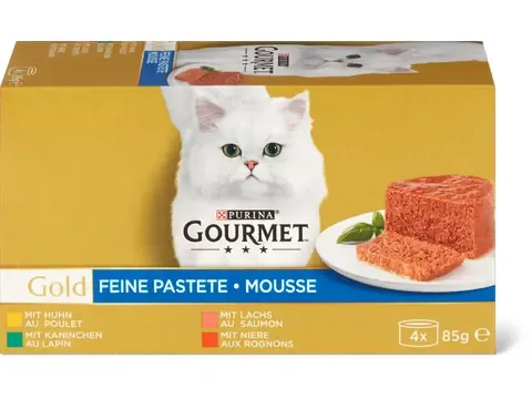 Gourmet Gold · Mousse · au poulet, au lapin, au saumon et aux rognons 4 x 85g