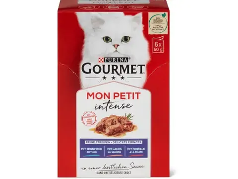 Gourmet Mon Petit · Délicats émincés Intense · au thon, au saumon et à la truite 6 x 50g