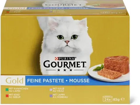 Gourmet Gold · Mousse · au lapin, au bœuf, au veau et à l’agneau 24 x 85 g
