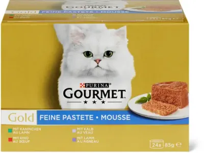 Gourmet Gold · Mousse · au lapin, au bœuf, au veau et à l’agneau 24 x 85 g