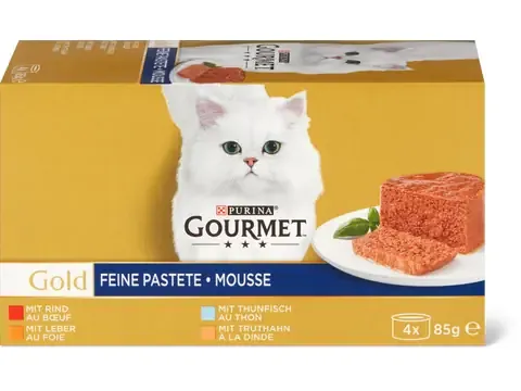 Gourmet Gold · Mousse · au bœuf, au foie, à la dinde et au thon 4 x 85g
