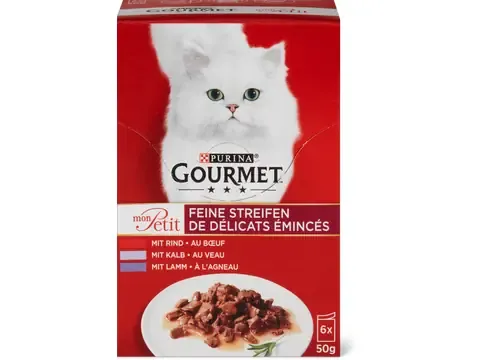 Gourmet Mon Petit · Délicats émincés · au bœuf, au veau et à l’agneau 6 x 50g