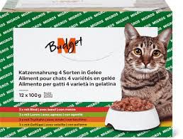 M-Budget · Aliment pour chats 4 variétés en gelée · Bœuf, agneau, dinde, volaille 12 x 100g