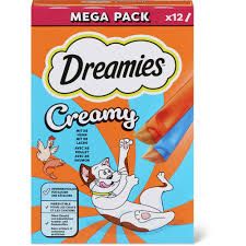 Dreamies Creamy · Poulet et saumon · en emballage multiple 12 x 10g