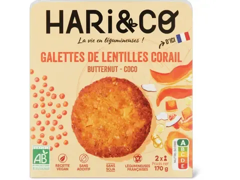 Galettes de lentilles corail et butternut Hari&amp;Co · Bio, végétalien 170g