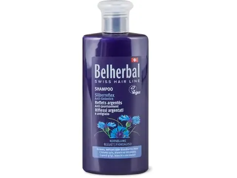 Belherbal · Shampooing Reflets argentés anti-jaunissement · cheveux gris, blancs ou décolorés, végétalien 250ml