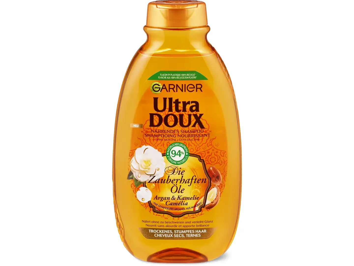 Garnier Ultra Doux · Shampooing à l’huile d’argan et de camélia · cheveux secs, ternes 300 ml
