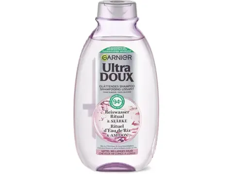 Garnier Ultra Doux · Shampooing rituel d’eau de riz et amidon · cheveux mi-longs à longs 300ml
