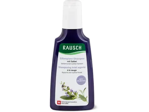 Rausch · Shampooing anti-jaunissement éclat argenté à la sauge · cheveux gris, blancs ou décolorés 200ml
