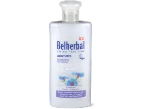 Belherbal · Après-shampooing reflets argentés anti-jaunissement · cheveux gris, blancs ou décolorés, végétalien 250ml