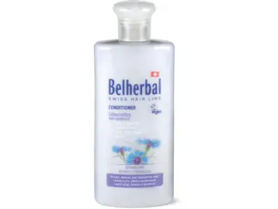 Belherbal · Après-shampooing reflets argentés anti-jaunissement · cheveux gris, blancs ou décolorés, végétalien 250ml