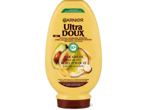 Garnier Ultra Doux · Après shampoing à l’huile d'avocat et au beurre de karité · cheveux très secs et frisés 250ml