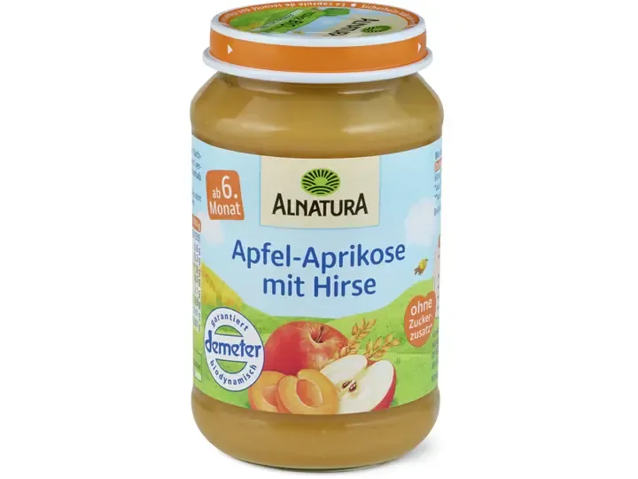 Alnatura · Pomme et abricot au millet · Bio, Demeter, dès 6 mois, Sans sucre ajouté  190g