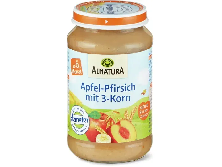 Alnatura · Pomme-pêche aux 3 céréales · Bio, Demeter, À partir du 6e mois, Sans sucre ajouté  190g