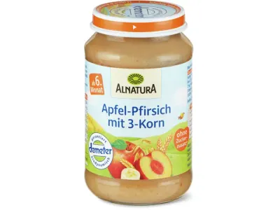 Alnatura · Pomme-pêche aux 3 céréales · Bio, Demeter, À partir du 6e mois, Sans sucre ajouté  190g