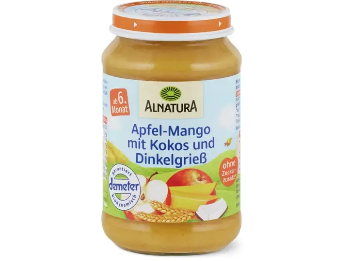 Alnatura · Pomme, mangue, noix de coco et semoule d’épeautre · Bio, Demeter, à partir du 6e mois, Sans sucre ajouté  190g