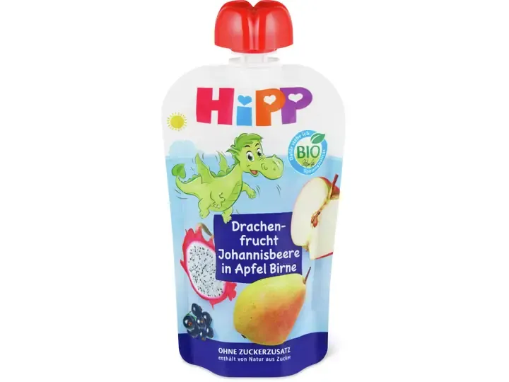 Hipp · Gourde souple Fruit du dragon, cassis, pomme et poire · Bio, dès 1 an, Sans sucre ajouté  100g