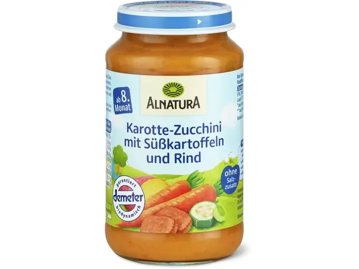 Alnatura · Carottes, courgettes, patates douces et bœuf · Demeter, Bio, à partir du 8e mois, sans lactose 220g