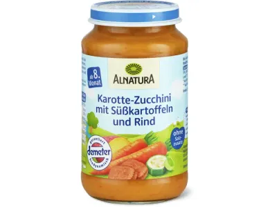 Alnatura · Carottes, courgettes, patates douces et bœuf · Demeter, Bio, à partir du 8e mois, sans lactose 220g
