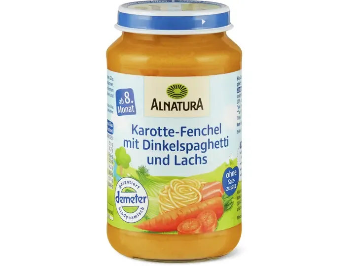 Alnatura · Mouliné de carotte, fenouil, spaghetti d’épeautre et saumon · Demeter, Bio, dès 8 mois 220g