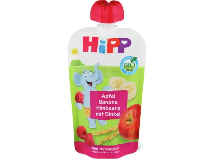 Hipp · Gourdes souples Pomme, banane, framboise et épeautre · Bio, à partir de 1 an, Sans sucre ajouté  100g