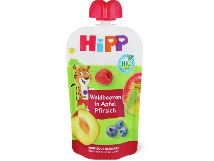 Hipp · Gourde souple Baies Pommes Pêche · Bio, dès 1 an, Sans sucre ajouté 100g
