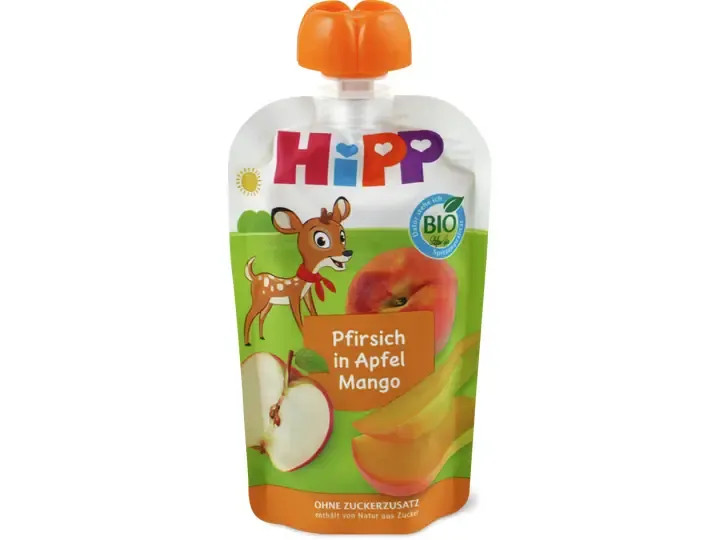 Hipp · Gourde souple Pêche, pomme et mangue · Bio, Sans sucre ajouté 100g
