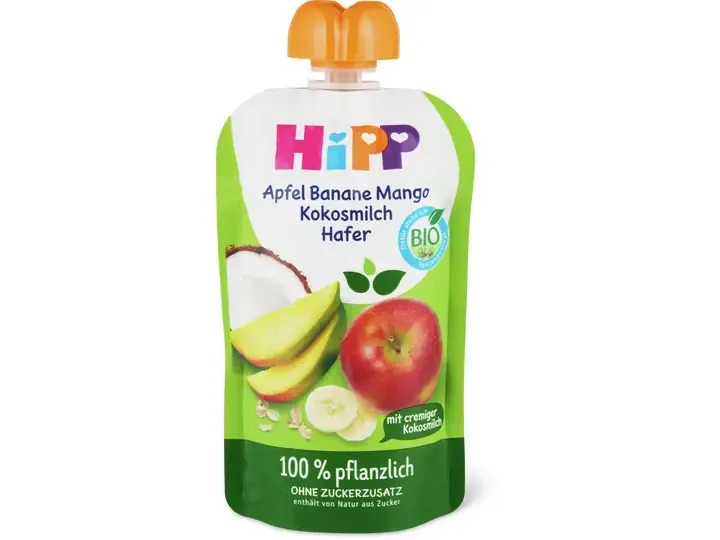 Hipp · Gourde souple pomme, banane, mangue, avoine et lait de coco · Bio, Dès 1 an, Sans sucre ajouté 100g