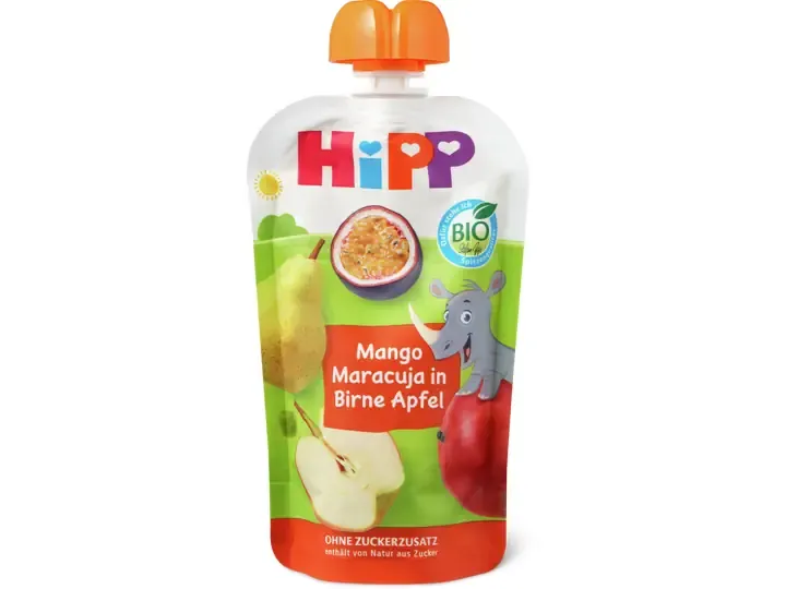 Hipp · Gourde souple Mangue, fruit de la passion, poire et pomme · Bio, dès 1 an, Sans sucre ajouté  100g