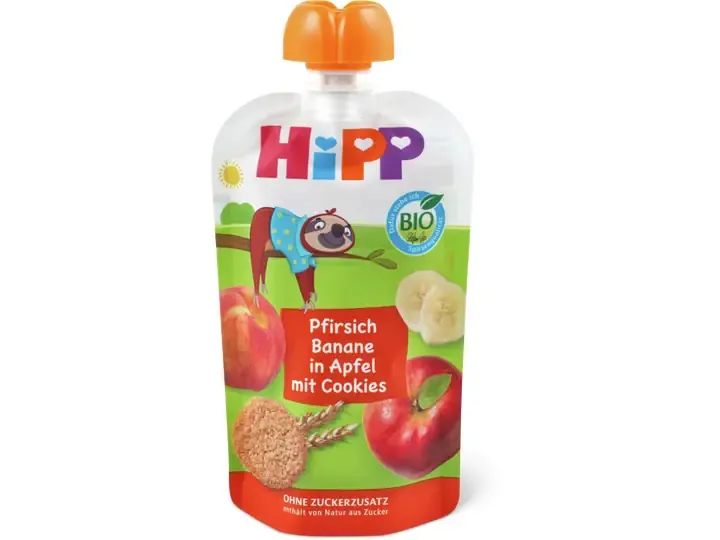Hipp · Gourde souple pêche, banane à la pomme avec cookies · Bio, Dès 1 an, Sans sucre ajouté  100g