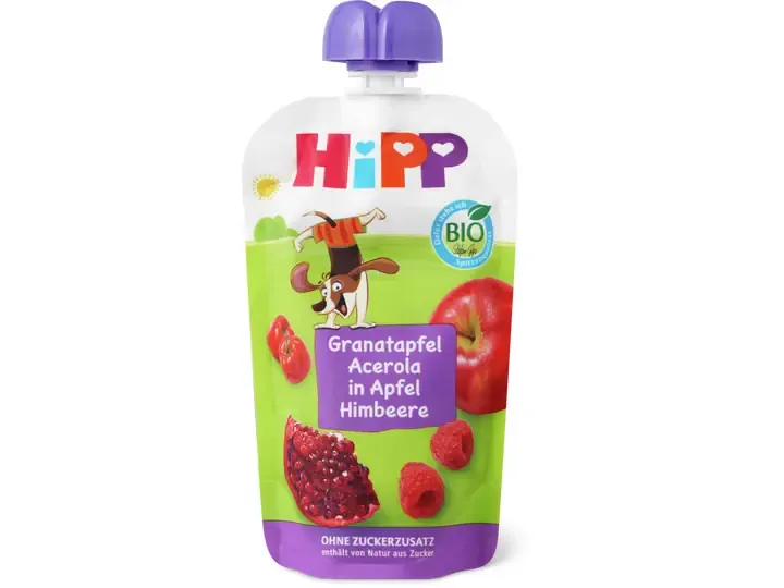 Hipp · Gourde souple Grenade, acérola, pomme et framboise · Bio, dès 1 an, Sans sucre ajouté  100g