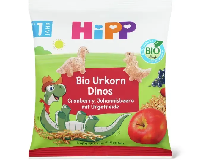 Hipp · Dinos aux céréales anciennes canneberge, groseille avec céréales anciennes · Bio, dès 1 an, Sans sucre ajouté 30g