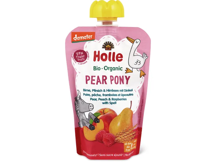 Holle · Sachets à écraser poire pêche framboise épeautre · Bio, Demeter, Dès 8 mois 100g