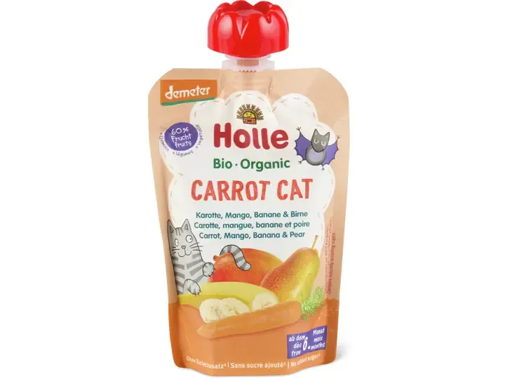 Holle · Gourde souple Carotte, mangue, banane et poire · Demeter, Bio, à partir de 6 mois, Sans sucre ajouté 100g