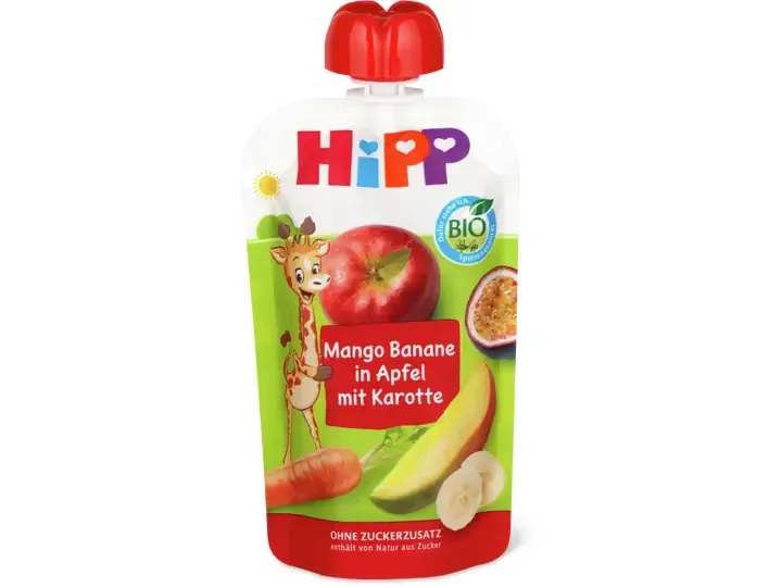 Hipp · Gourde souple mangue, banane et pomme · Bio, Dès 1 an, Sans sucre ajouté 100g