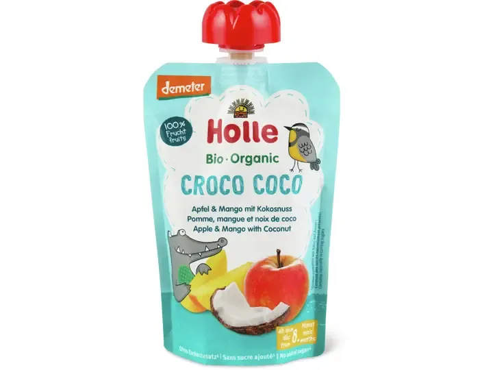 Holle · Gourde souple Pomme, mangue et noix de coco · Bio, Demeter, à partir du 8e mois, Sans sucre ajouté 100g