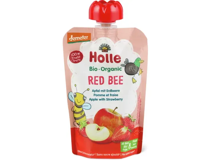 Holle · Gourde souple Pomme et fraise · Bio, Demeter, à partir du 8e mois, Sans sucre ajouté 100g