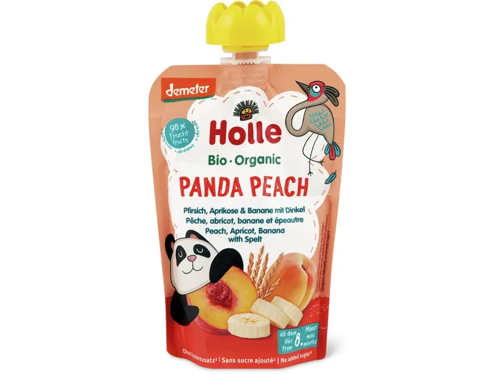 Holle · Gourde souple pêche, abricot, banane et épeautre · Demeter, Bio, Dès le 8e mois 100g