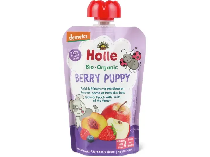 Holle · Gourde souple Pomme, pêche et fruits des bois · Demeter, Bio, à partir du 8e mois, Sans sucre ajouté 100g