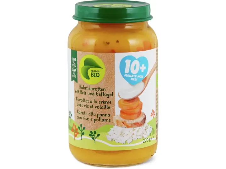 Carottes à la crème avec riz et volaille · Bio, À partir de 10 mois  220g