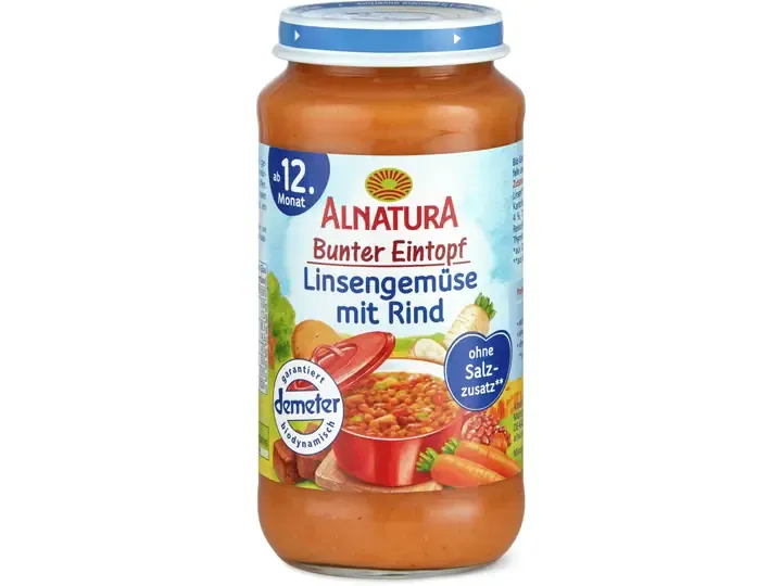 Alnatura · Lentilles aux légumes et au bœuf · Bio, Demeter, dès 12 mois 250g