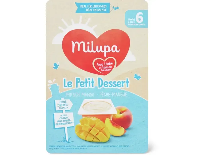 Milupa Le Petit Dessert · Pêche-mangue · Bio, après 6 mois 6pces