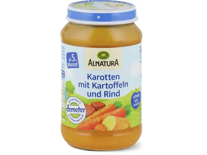Alnatura · Carottes avec pommes de terre et bœuf · Demeter, Bio, Après 4 mois  190g