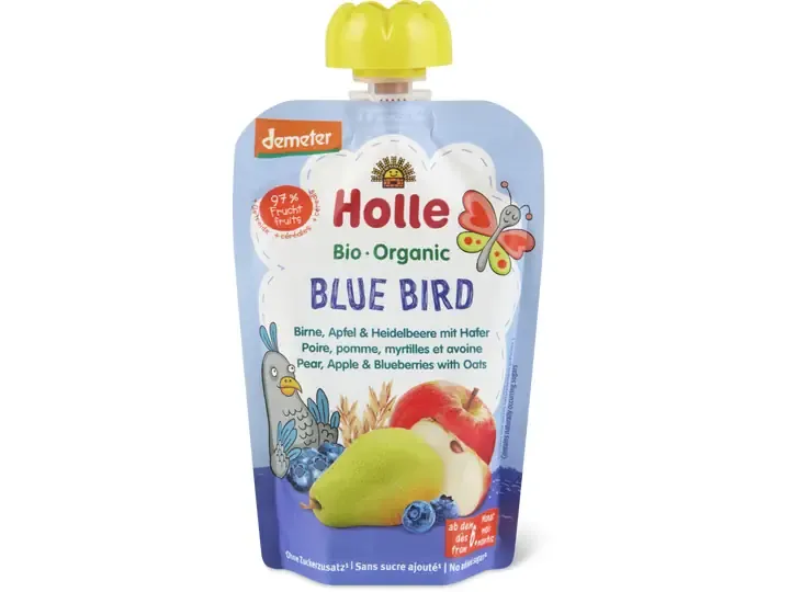 Holle · Gourde souple Poire, pomme, myrtilles et avoine · Demeter, Bio, à partir du 6e mois, Sans sucre ajouté 100g