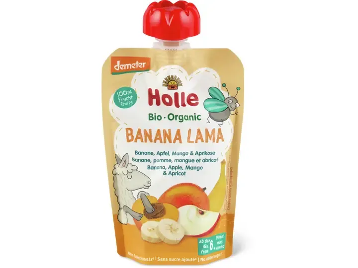 Holle · Gourde souple banane, pomme, mangue et abricot · Demeter, Bio, À partir du 6e mois, Sans sucre ajouté 100g