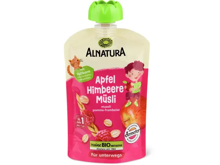 Alnatura · gourde muesli pomme framboise · Bio, Demeter, 1 an 100g