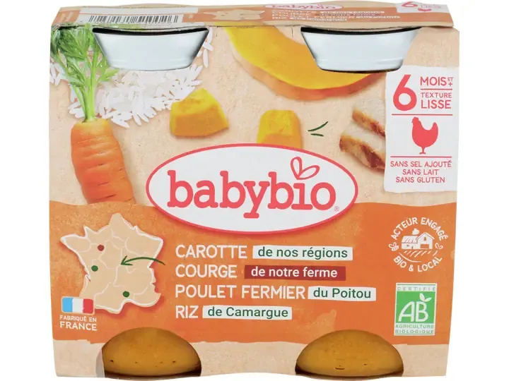 Babybio · Carotte, butternut et poulet · Bio, 6 mois et +  2pcs