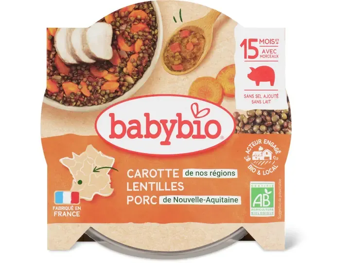 Babybio · Carottes, lentilles et porc · Bio, À partir de 12 mois 260g