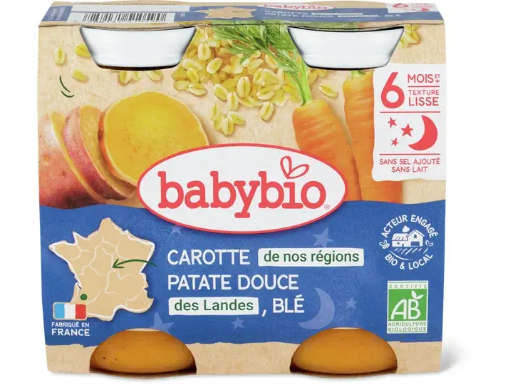 Babybio · Carotte, patate douce et blé · Bio, à partir de 6 mois  2pcs