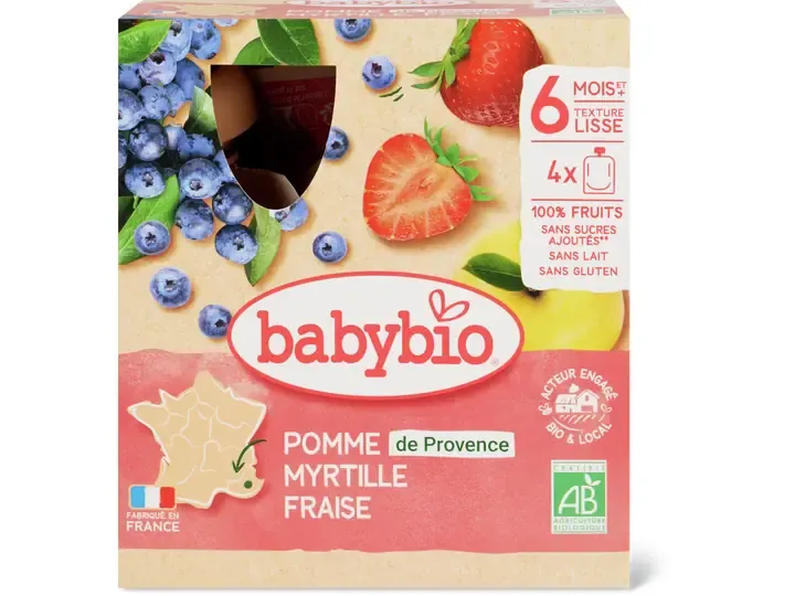 Babybio · Gourdes souples Pomme, myrtille et fraise · Bio, à partir de 6 mois  4x90g